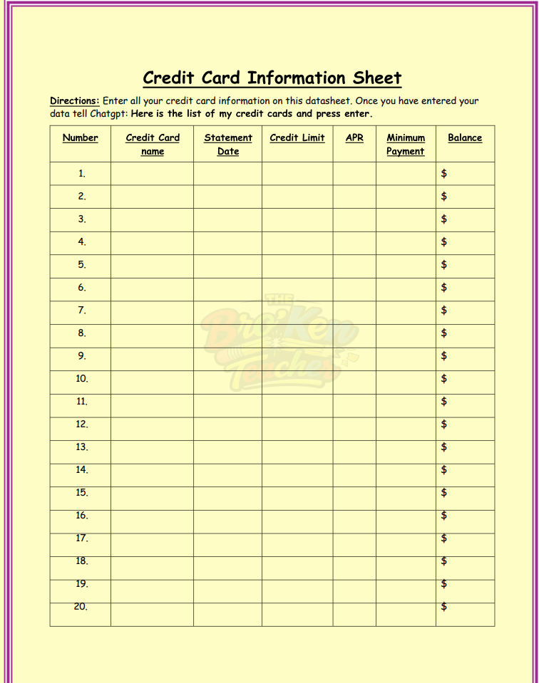 The Bro’Ken Teacher Credit Card Debt Payoff Action Lesson Plan